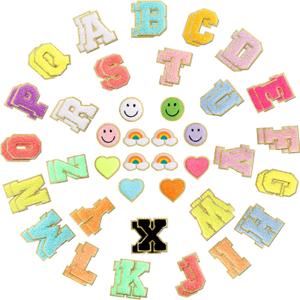 64PCS Adhesive Chenille Letter Patches, 2 Packs A-Z Stick On Varsity Letter Patches Mixed Color Felt Alphabet Stickers Smile Face Love Heart Rainbow Chenille Patch for Clothes Jackets Backpacks Hats