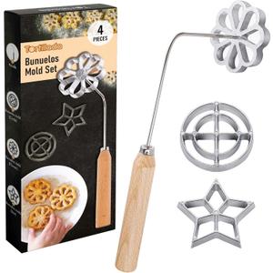 Tortillada  4 Piece Set Bunuelos Mold with Wood Handle Rosette Maker Rosette Cookie Bunuelos Tool Aluminum Cast Waffle Molds Set with 3 Molds (Star Flower Circle) for Kitchen Baking Cooking