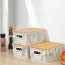 EOENVIVS Plastic Storage Baskets with Bamboo Lids for Pantry Organization and Storage Containers Bins for Shelves Drawers Desktop Closet Playroom Classroom Office Home, 6 Pack,White