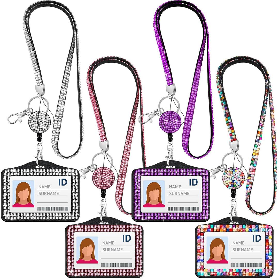 Ctosree 4 Sets Rhinestone Lanyard Bling ID Card Holder Crystal Retractable Badge Reel Rhinestone Neck Lanyard Card Holder with Metal Clasp and Key Ring for Women Nurse Teacher, 4 Colors (Horizontal)