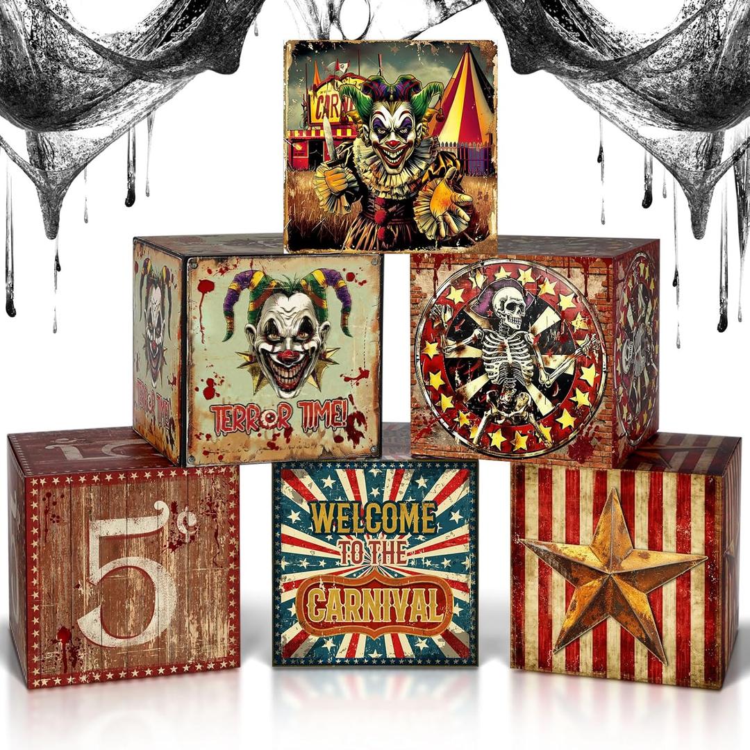 6 Pcs Large Halloween Creepy Carnival Decorations Circus Clown Box Horror Party Boxes Carnival Circus Theme Decorations for Horror Haunted House Party Supplies(Retro)