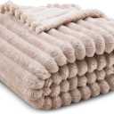 Super Soft Queen Blanket for Bed, Premium Silky Flannel Fleece with 3D Striped Jacquard Design, Lightweight and Cozy for Living Room, and All-Season Use, 90x90 Inches.Taupe