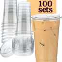 100 Pack 32 oz Clear Plastic Cups with Lids, Disposable Plastic Iced Coffee Cups with Strawless Sip-Lids, To Go Coffee Cup for Smoothie, Milkshake, Cold Drinks