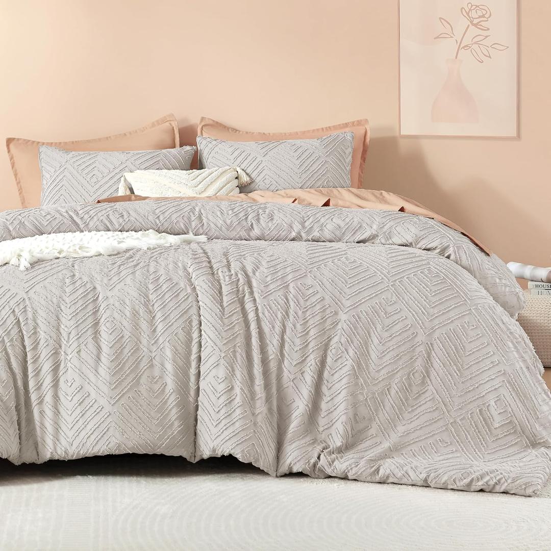 Litanika Oversized King Comforter Set Linen Grey, 3 Pieces Tufted Boho Farmhouse Bedding Comforter Set, Lightweight Fluffy All Season Comforter Set (120x98In Comforter & 2 Pillowcases)