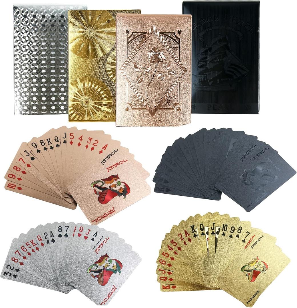 4 Decks Waterproof Playing Cards Plastic Black Rose Gold Playing Card Foil Poker Cards Themed Standard Playing Card Games for Adults Family Game Party