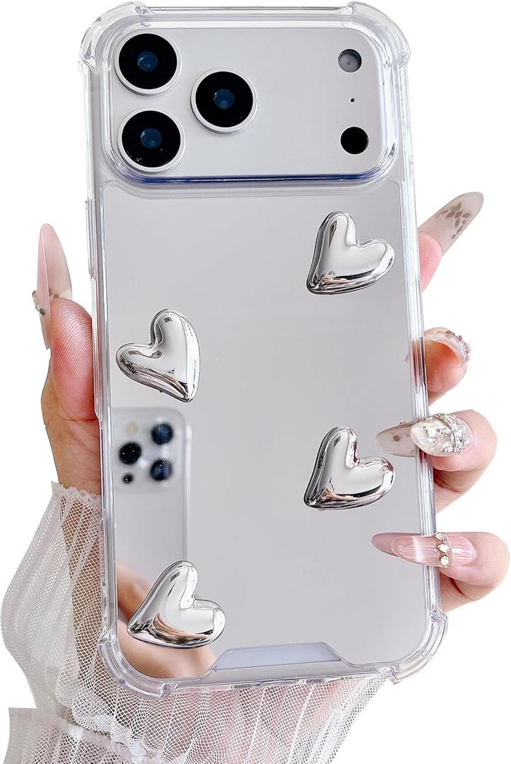 Compatible with iPhone 17 Pro case,Mirror Senior Silver Cute Heart Soft Silicone Clear Makeup Mirror Women Girls Shockproof Protect Cover Case for iPhone 17 Pro