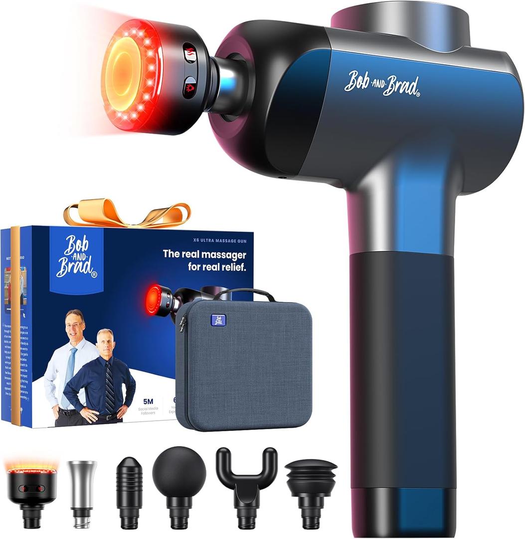 BOB AND BRAD X6 Ultra Massage Gun with Heat and Infrared Light, Metal Head, Professional Percussion Deep Tissue Muscle Massager Gun for Athletes with 6 Replacements (Black)