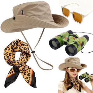 Safari Costume Women, 4 PCS Zoo Keeper Costume Adult Includes Safari Hat Outfit Accessories, Leopard Print Scarf, Binoculars, Light-Proof Glasses, Rave Party