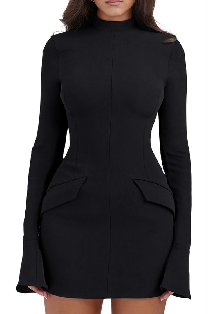 YMDUCH Women's Long Sleeve Mock Turtle Neck Bodycon Mini Tank Short Party Dress, L