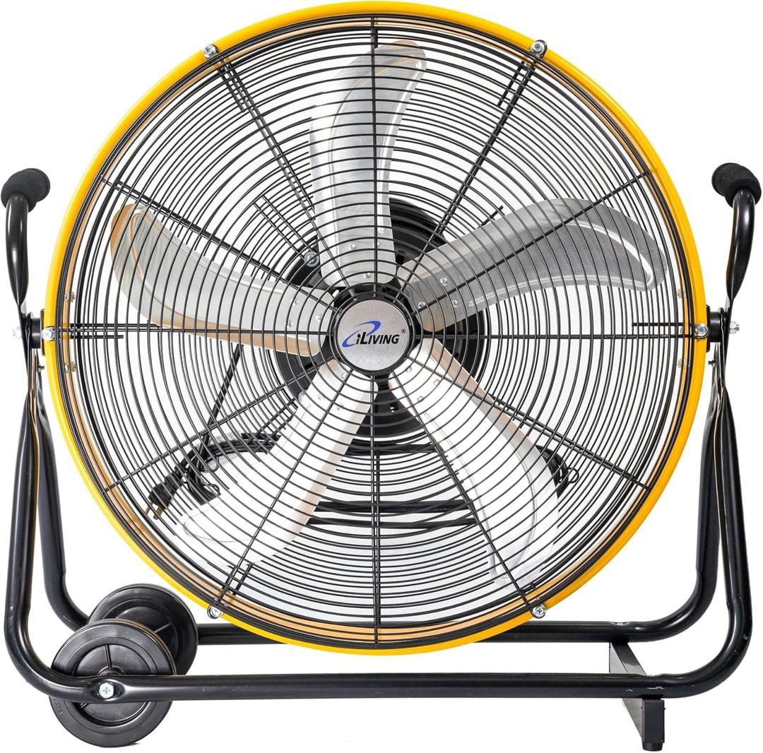 iLiving 24 Inch 3-Speed Orbital Internal Oscillating High Velocity Barrel Floor Fan for Office, Auto Shop, Garage, Workshop, Warehouse, 7800 CFM, Yellow