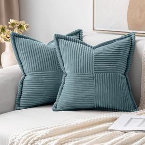 MIULEE Dusty Blue Pillow Covers 18x18 inch Set of 2 Super Soft Decorative Spring Striped Corduroy Pillow Covers with Splicing Broadside Boho Couch Pillowcases for Sofa Cushion Livingroom bedroom Decor (18" x 18" (Pack of 2), Dusty Blue)