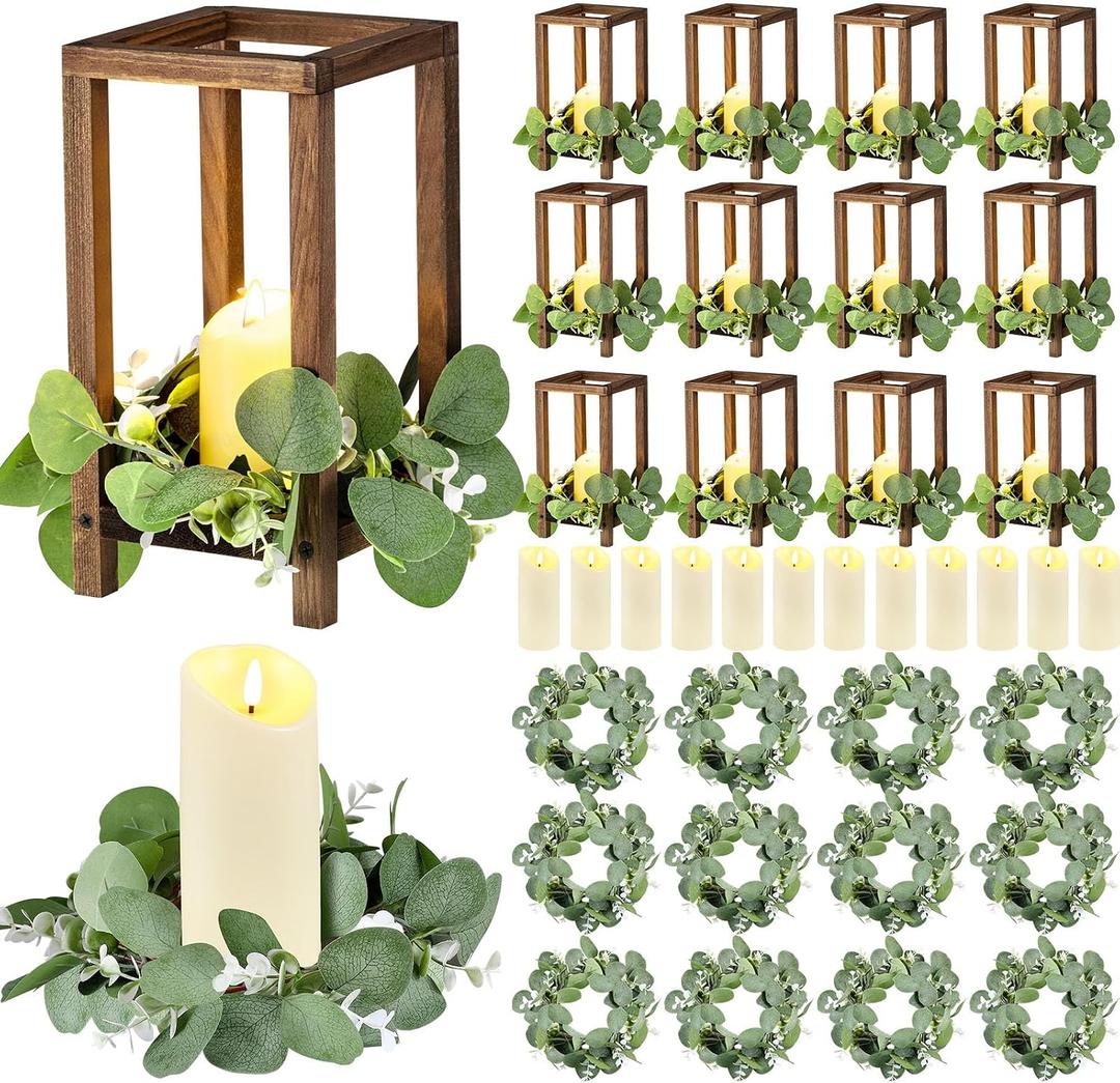Geelin 12 Set 10.59'' Brown Wooden Lanterns for Wedding Centerpieces Include 12 Wooden Lantern 12 LED Candle 12 Eucalyptus Leaves Wreath for Wedding Baby Shower Farmhouse Rustic Table Decor