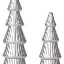 WONDROUS' DECO Wooden Christmas Tree Figurine, Tabletop Silver Tree Figurine, Set of 2 Desk Centerpieces for Christmas Decor