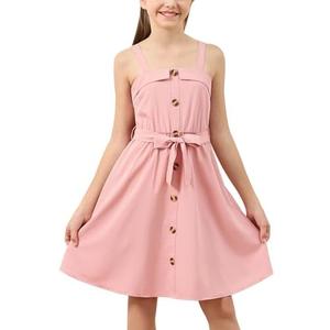 GORLYA Girls Front Button Down Summer Sundress Casual A-Line Spaghetti Strap Belted Midi Dress Size 12 Y