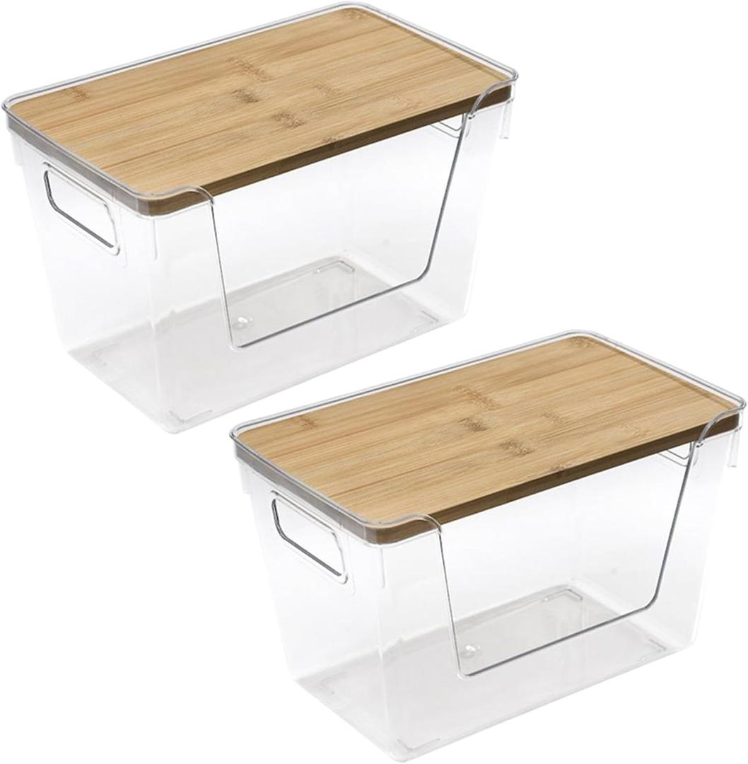 Trash Bag Dispenser, 2PCS Large Capacity Stackable Open Front Storage Bins, Clear Trash Bag Holder with Bamboo Lids and Handle, Garbage Bag Dispenser for Kitchen Laundry Room Organization