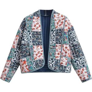 Wyeysyt Women's Cropped Puffer Quilted Jacket Cardigan Floral Printed Lightweight Long Sleeve Open Front Short Padded Coats (Red, L)