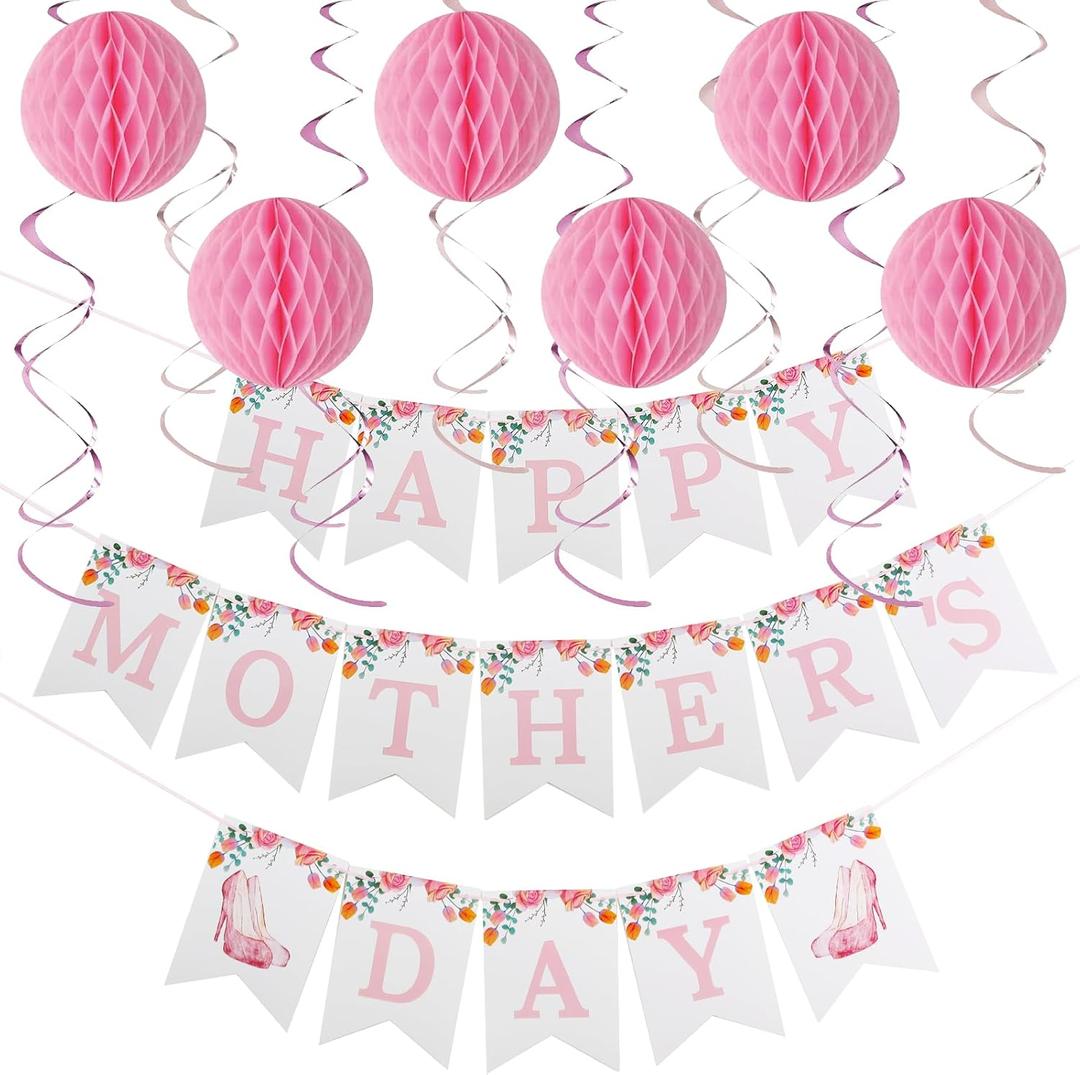 Happy Mother's Day Decorations, Happy Mothers Day Banner with Hanging Swirls, Honeycomb Balls Decorations for Party Supplies Decor Home Office, Pink
