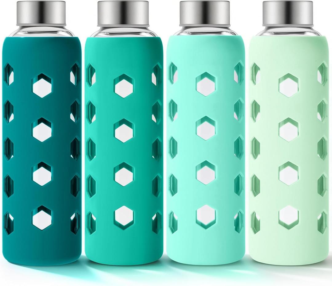Mrsdry Glass Juice Bottles with Lids and Silicone Sleeves 18 oz, 4-Pack Reusable Clear Glass Water Bottles with Stainless Steel Airtight Cap for Juicing, Refrigerator, BPA Free Leak-Proof Drinking Jar