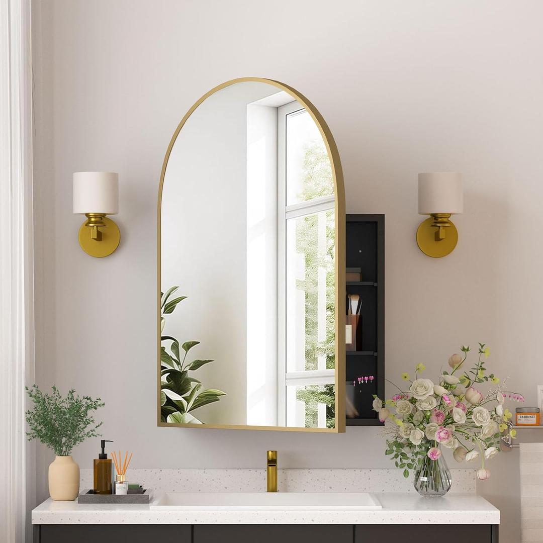 Medicine Cabinets for Bathroom, Gold Arched Medicine Cabinet Recessed or Surface Wall-Mounted,Modern Bathroom Vanity Mirror with Storage, Mirrored Cabinet with Adjustable Shelves,20x30 Inch