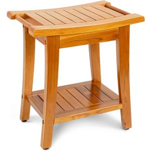 16" Compact Teak Shower Bench with Shelf & Handle, Solid Premium Teak Shower Stool, Durable Waterproof Seat for Inside Shower, Teak Wood Bench for Bathroom, Indoor & Outdoor Use