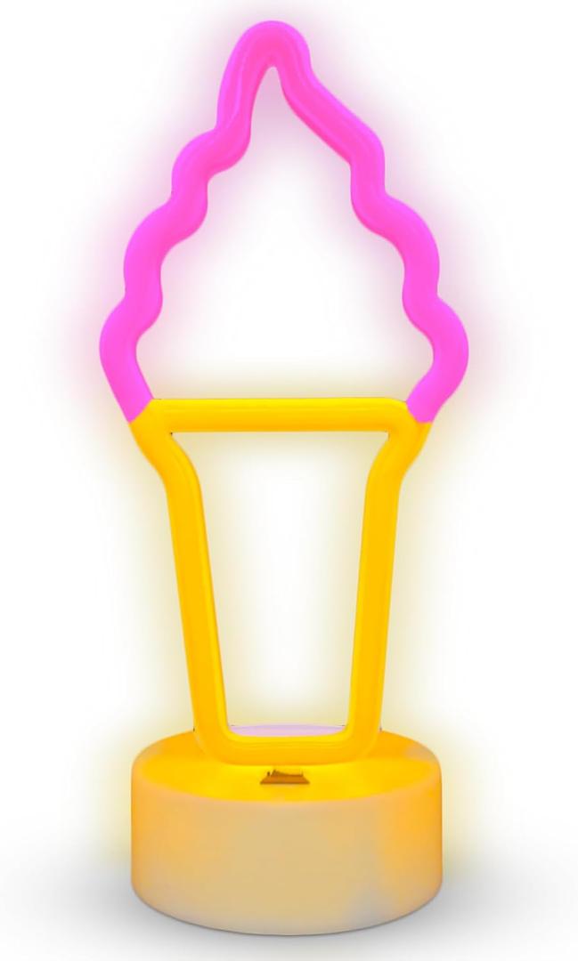 Low Energy Ice Cream Sign Led Light - Premium Quality Neon Sign Led Desk Lamp - Pink & Yellow Ice Cream Led Light with Desk Stand Base and USB Accessibility