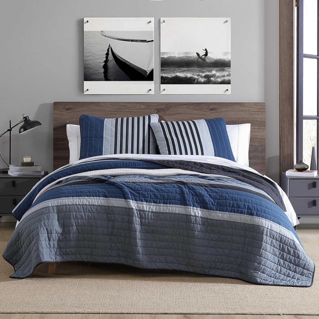 Nautica - King Quilt Set, Reversible Cotton Bedding with Matching Shams, Bold & Striking Home Decor for All Seasons (Rendon Charcoal, King)