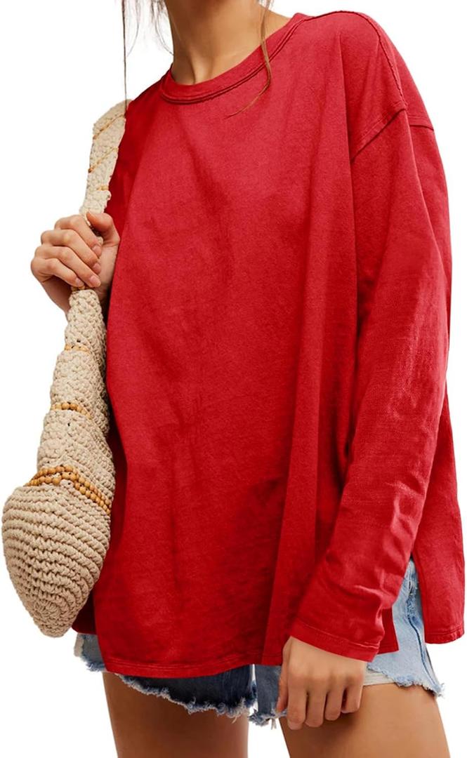 Women's Oversized Long Sleeve Shirts Crew Neck Casual Tops Loose Fit Side Slit Fall Tees (Red, S)