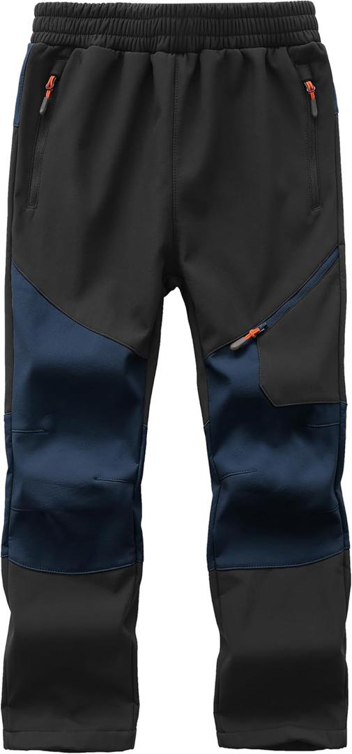Kids Winter Pants Fleece Lined Waterproof Boys Ski Pants Thermal Outdoor Softshell with Zipper Pockets (Large, Black+dark Blue)