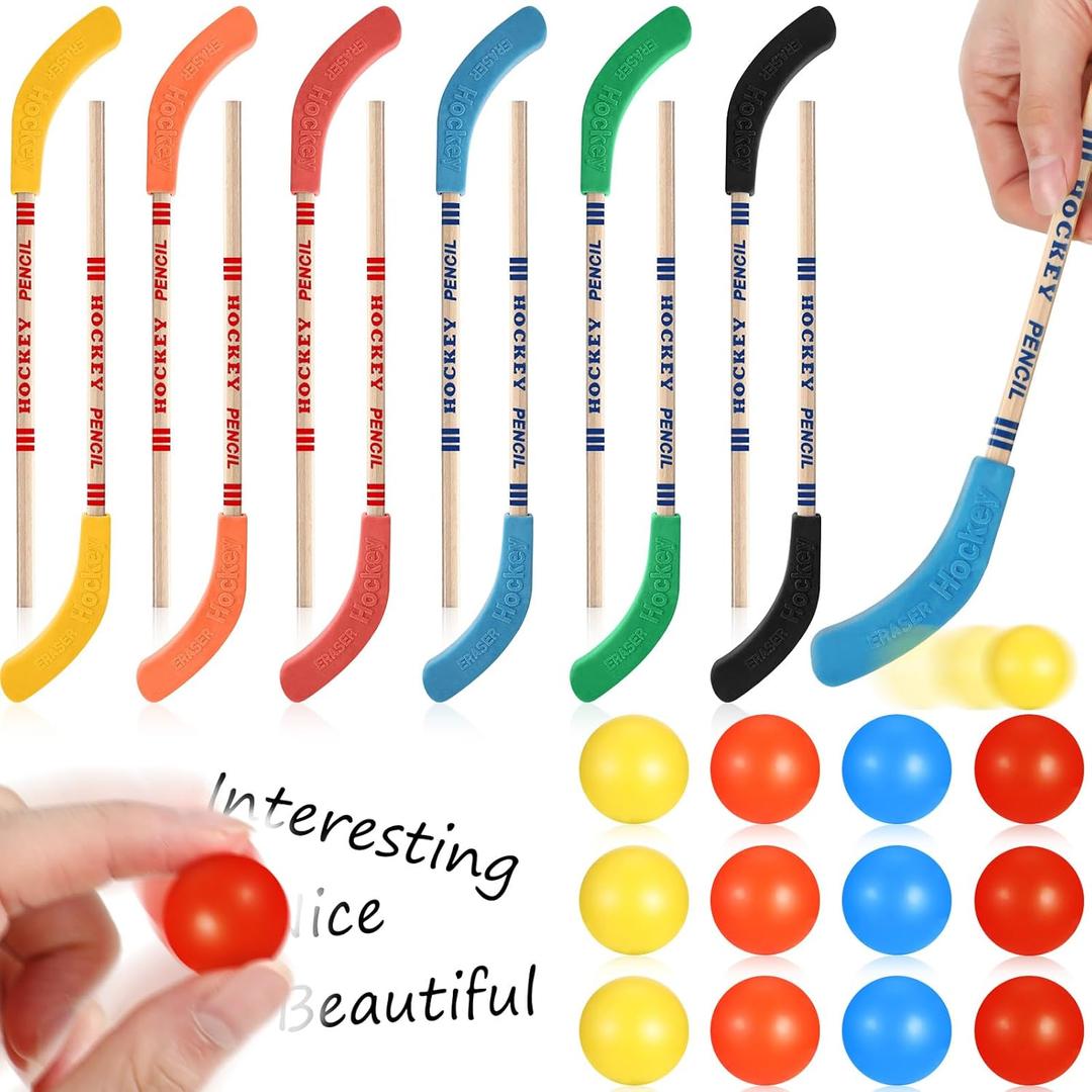 Harloon 24 Pcs Hockey Party Favors Includes Multicolor Hockey Stick Pencils and Balls Erasers Sports Pencils for Sports Fans Birthday Party Student Prize Gifts Goodie Bag