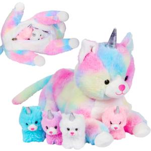 PixieCrush Unicorn Cat Plushie - Mommy Cat Unicorn with 4 Baby Kittens - Magical Pillow Plushies for Girls Ages 3-8 - Big Stuffed Animals - Ideal Gift for Girls 5 x 10 x 8 inches