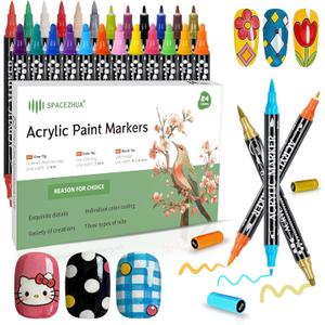 Nail Art Pens 24 Color Set Nail Polish Pens Marker, Acrylic Paint Markers with 3 Types of Pen Tips (0.5/1.0/3.0mm) Non-Toxic Quick-Drying Waterproof for Women DIY Nails Art Design Manicure Tools