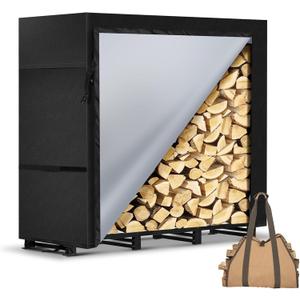 4ft Firewood Rack Outdoor with Waterproof Widened Cover, Heavy Duty Firewood Holder includes Hooks, Powder-coated Wood Rack with Carrier Bag, Firewood Storage Rack for Fireplace Deck Patio