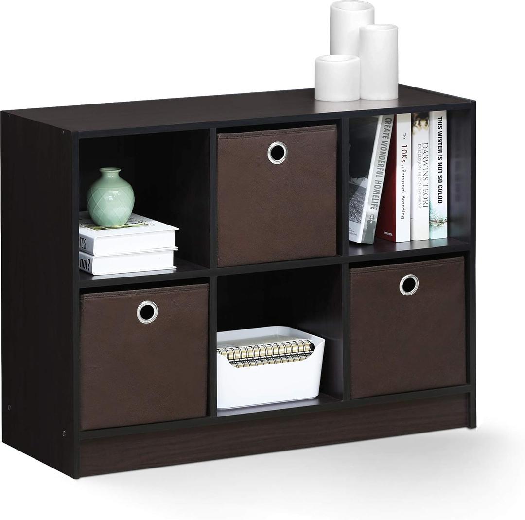 Furinno BASIC Book Shelf, 6-Cube Bookshelf with Open Shelf, 3 x 2 Bookcase with Storage Bins, Closed Back, Horizontal, 11.9 x 31.6 x 23.6, for Living Room, Bedroom, Home Office, Dark Walnut