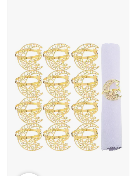 FillTouch Gold Napkin Rings Set of 12 Rhinestone Moon and Star Metal Napkin Holder Eid al Adha Mubarak Napkin Rings Napkin Buckles Eid al Adha Mubarak Table Decoration for Muslim Theme Party