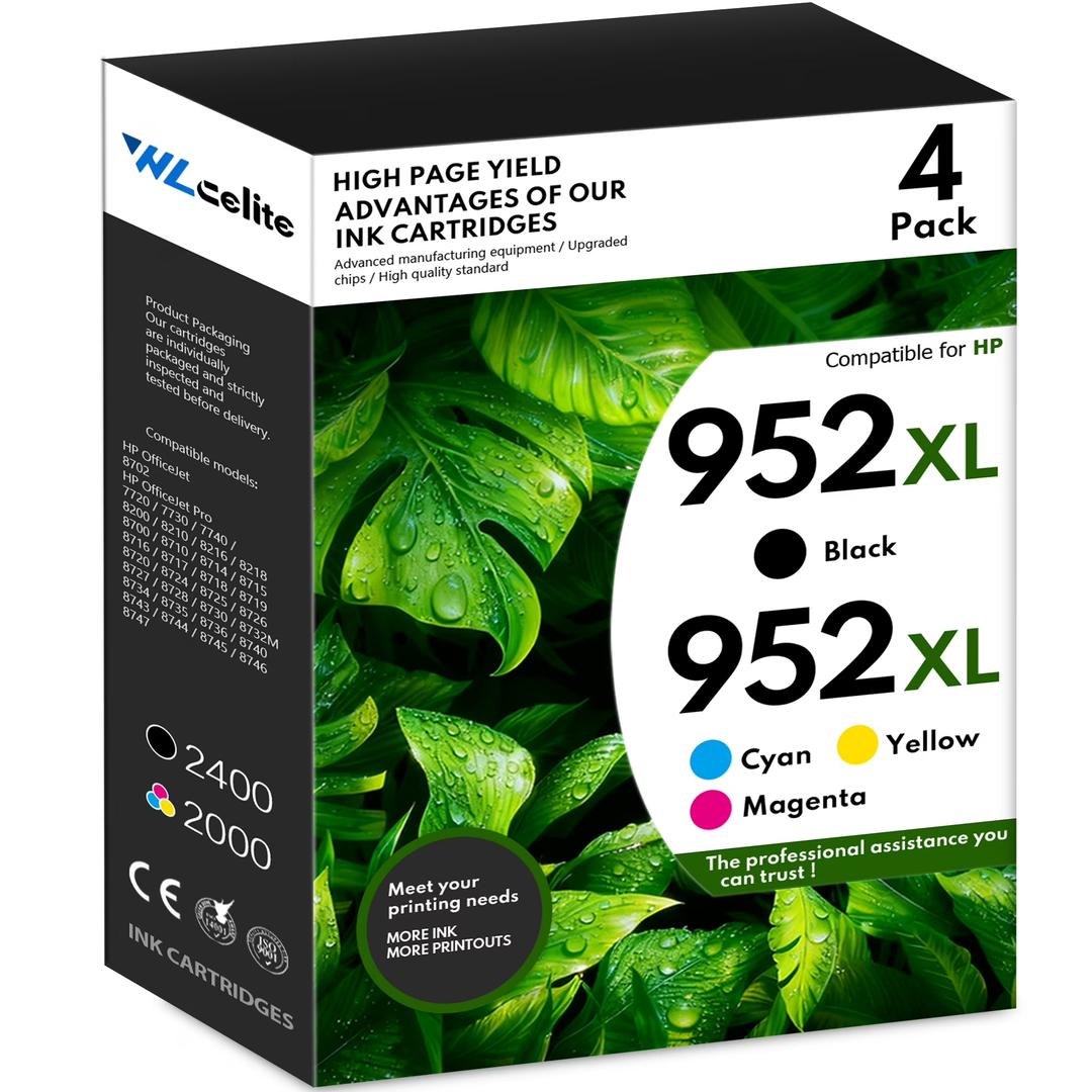 952XL Ink Cartridges Combo Pack (4Pack, Black/Cyan/Magenta/Yellow) Compatible 952XL Ink Cartridges Replacement for 952XL Ink for OfficeJet Pro 8710 8210 8715 8720 8702 7740 Printer