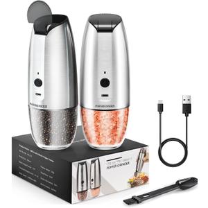 Electric Salt and Pepper Grinder Set: - For Gravity Electric Salt and Pepper Shakers Set Rechargeable Automatic Spice Grinder USB Powered Spice Peppercorn Shaker with Adjustable Coarseness (Silver-Upgraded)