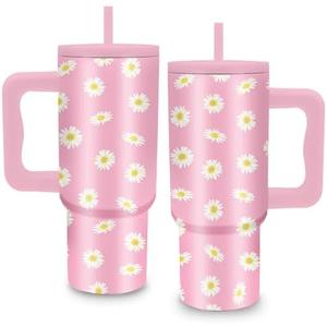 Gifts for Women - 24 oz Pink Daisy Tumbler with Handle and Straw - Insulated Stainless Steel Cup, Leakproof, Cute Floral Daisy Design Travel Mug, BPA Free, Fits Car Cup Holders, Keeps Drinks Cold/Hot