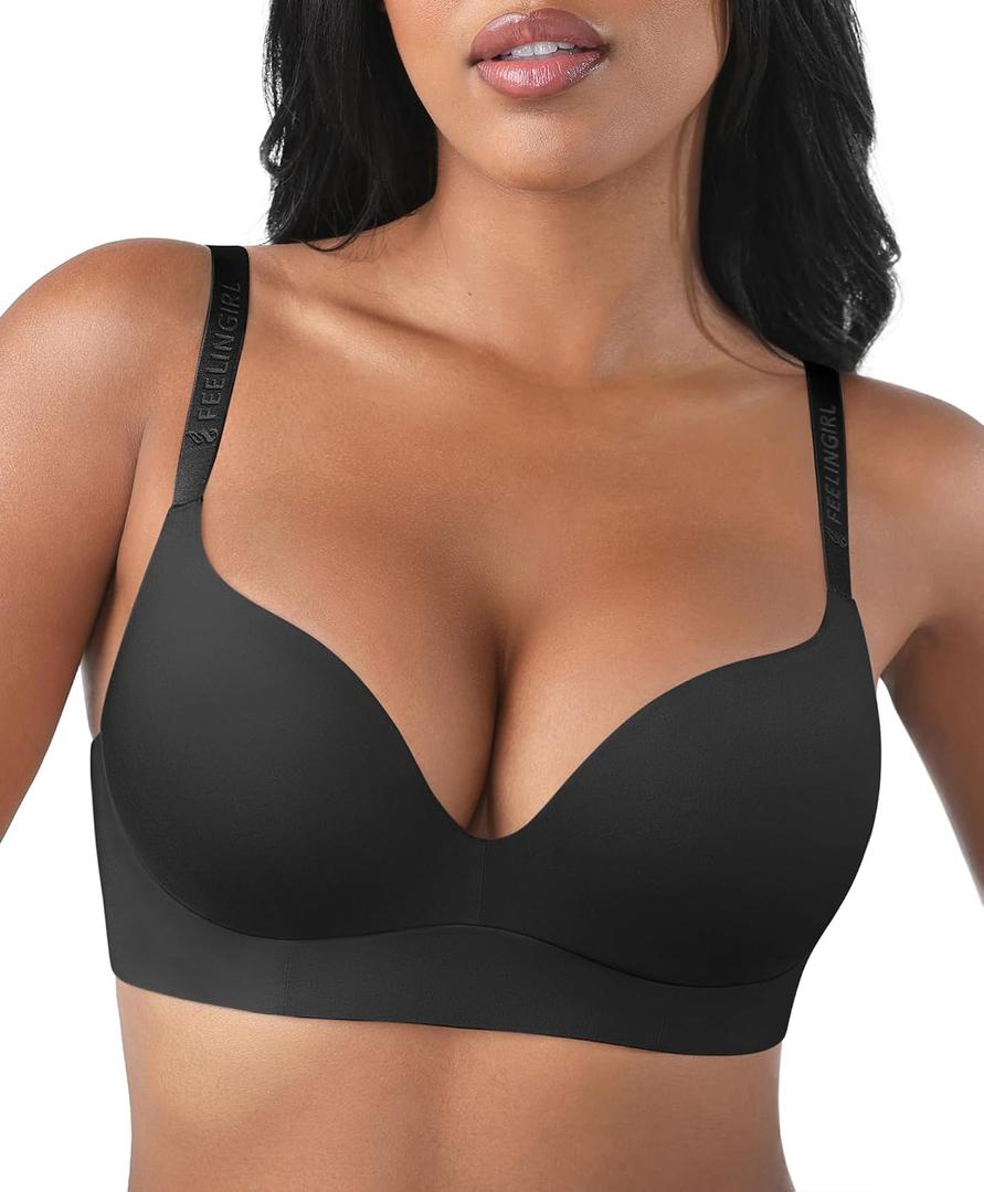 FeelinGirl Wireless Bras Comfortable Push Up Bra Full Support Lift Bralette Seamless Tshirt Bras (Black)