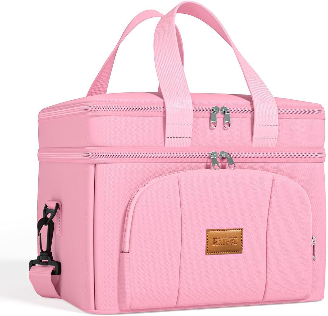 Rnivvi Lunch Box for Women, Double Decker Insulated Cooler Bag Lunch Bag Reusable Leakproof Tote Lunch Container with Strap for Work Family Picnic Hiking Camping, 18 Cans 12L, Large Adults, Pink