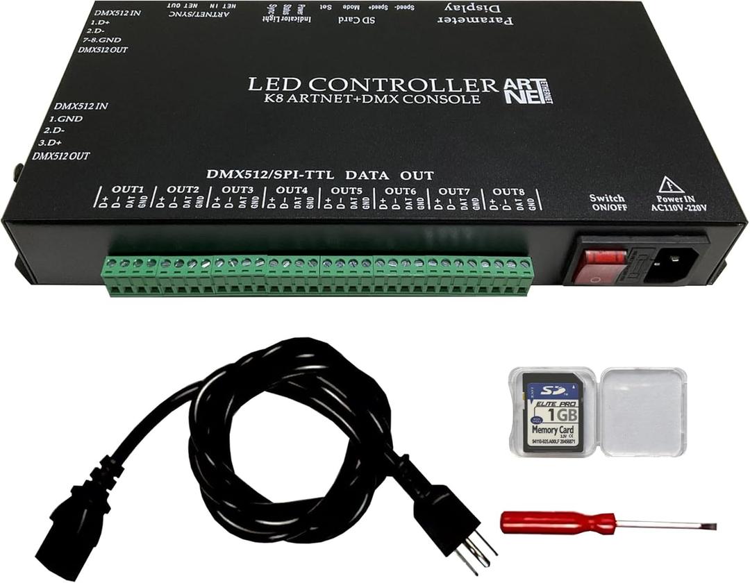 K8 ARTNET+DMX CONSOLE LED CONTROLLER, Suitable for SPI and DMX512 LED Light, Online Offline, Addressable Programmable, 1G SD Card With 96 Program Modes and Offline Software.