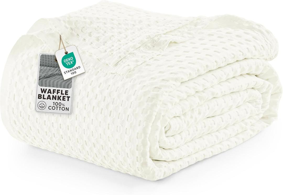 Utopia Bedding Ivory 100% Cotton Waffle Blanket 300 GSM [Twin - 90x66 Inch] Soft Lightweight Breathable Bed Blanket for All Season