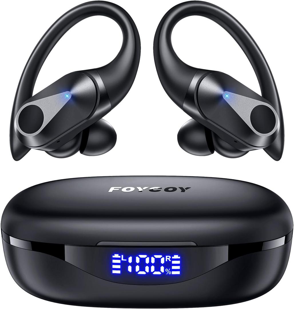 Wireless Earbuds Bluetooth Headphones 90Hrs Playtime Ear Buds IPX7 Waterproof Sports Earphones Wireless Charging Case Over-Ear Earhooks Headest (Black)