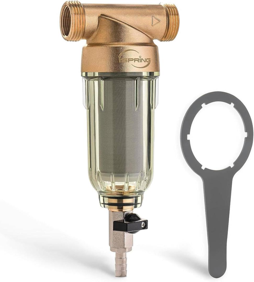 iSpring WSP-200 Spin Down Sediment Water Filter, Whole House Reusable Flushable Prefilter for Well Water, 200-Micron, 1" MNPT + 3/4" FNPT, Lead-Free Brass