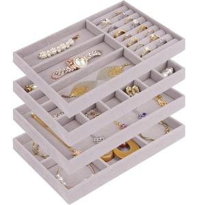 Cirhy 4 Stackable Jewelry Trays Organizer Set for Drawer, Jewelry Organizers and Display Case Storage, Velvet Drawer Inserts Organizer for Necklace Bracelets Earrings Organizer, Gift For Her, Grey