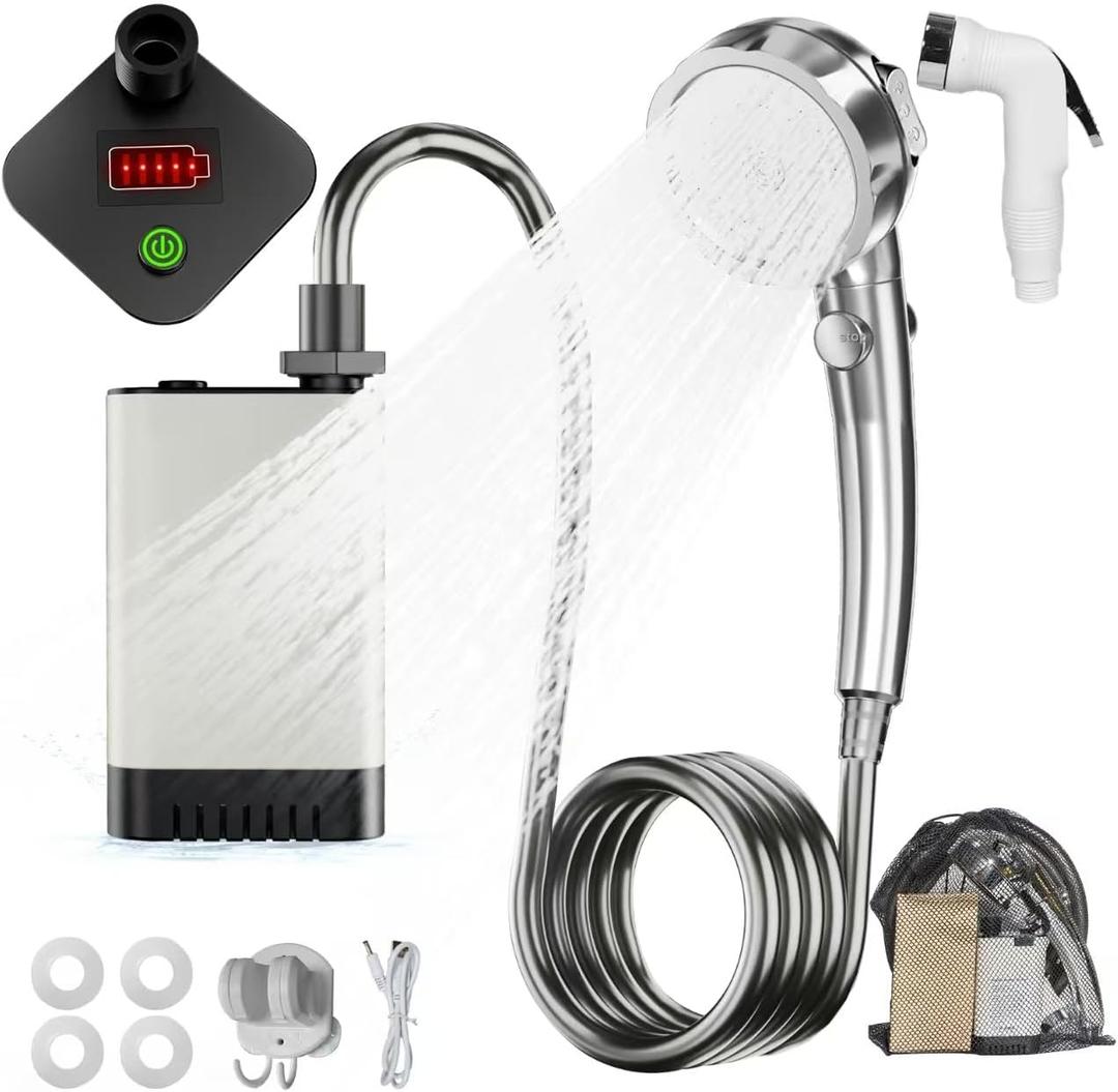 Portable Shower for Camping, Rechargeable Electric Camping Shower Pump with Battery Level Display, Multiple Spray Head with 3-Speed Mode & Pause Button for Outdoor Travel,Hiking, Easy to Store