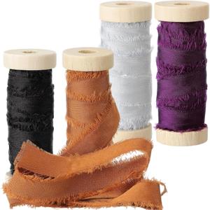 Mindsoft Frayed Chiffon Ribbon for Craft Silk Satin Ribbons 1/2-1/4 Inch x 20 Yard Handmade Fabric Strips with Wooden Spool for Valentines Day Wedding Gift Wrapping(Black Purple)