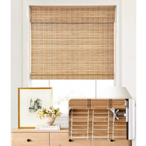 LazBlinds No Tools No Drill Cordless Bamboo Roman Shades, Light Filtering Window Treatment, Roll Up Bamboo Blinds for Windows 42'' W x 48'' H, Brown