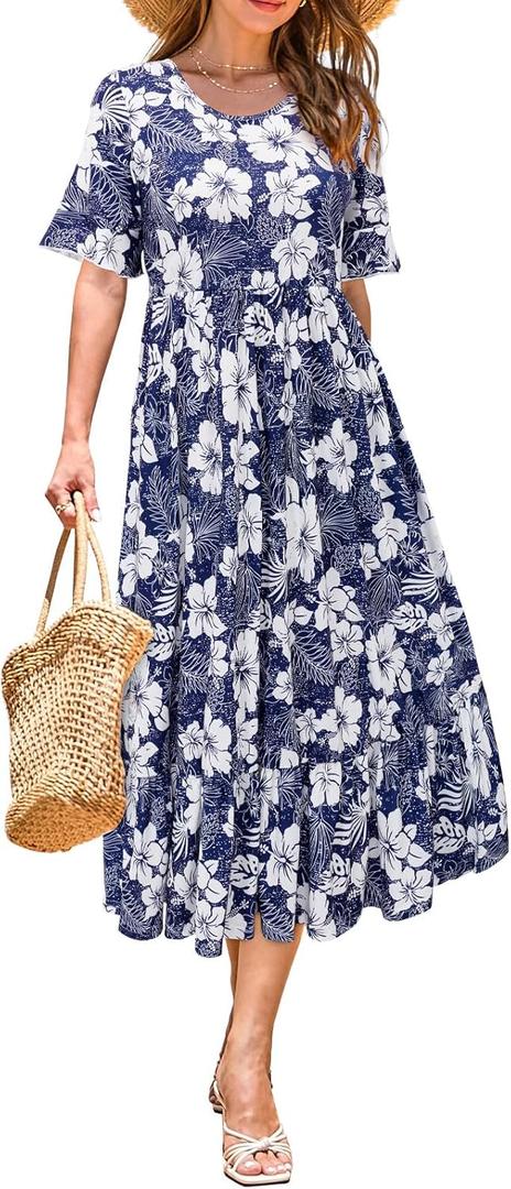 STYLEWORD Women's Summer 2025 Casual Short Sleeve Tiered Flowy Spring Dress Long Midi Beach Sundress Vacation Outfits (X-Large, Blue Purple White Floral)