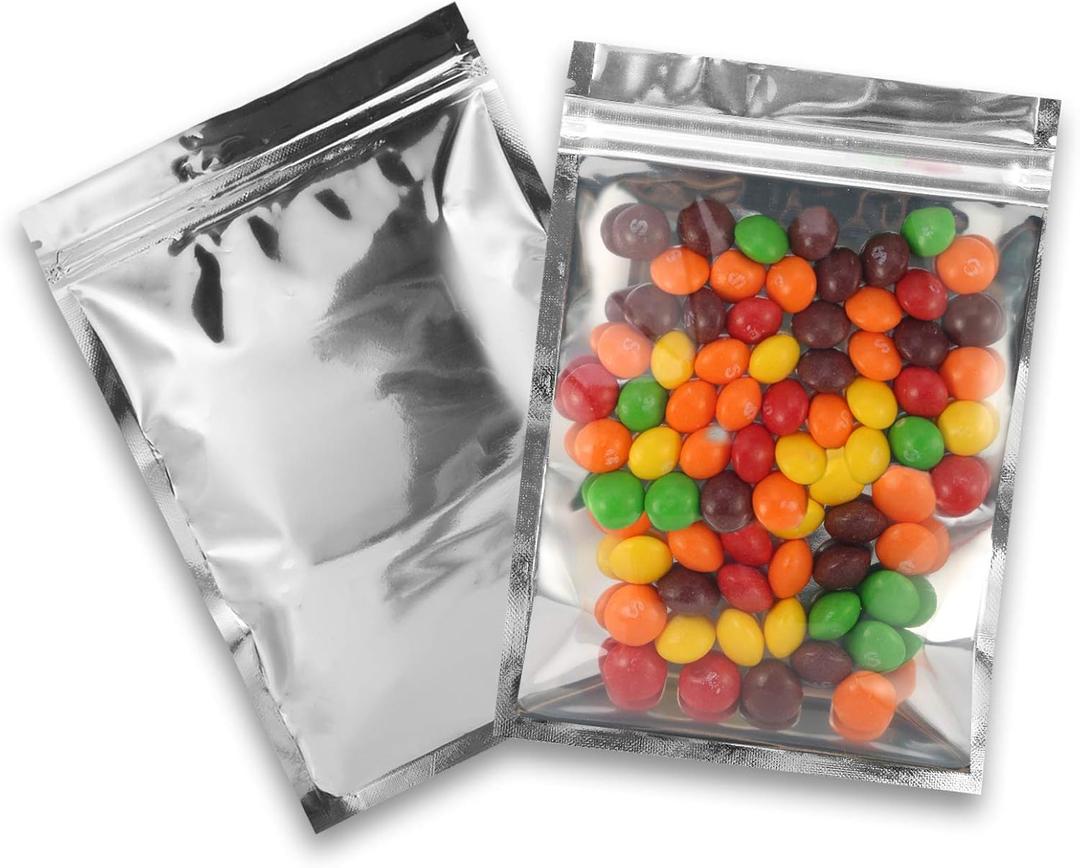 Resealable Mylar Bags | 100 Pcs 4 X 6 Inch | Smell Proof Bag Heat Seal Cute Packaging Foil Food Sealable Small Front Clear Plastic Silver for Storage Candy Beef Jerky Jewerly Product