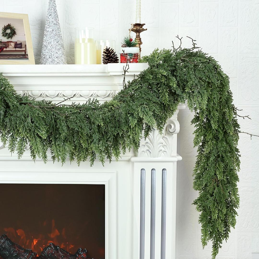 Realistic Christmas Garland for Mantle 9FT Real Touch Thick/Lush Artificial Cedar Garlands Christmas Decorations Indoor Christmas Garland for Stairs Railing Outdoor Table Xmas Holiday Decor Greenery